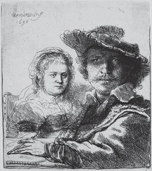 Rembrandt y Saskia 1636 Aguafuerte. 104 x 95 mm -Foto: http:// expositions.bnf.fr/rembrandt/esp/ grand/017.htm