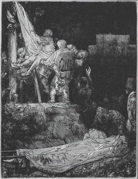 El Descendimiento a la luz de la antorcha. 1654. Aguafuerte y punta seca. 210 x 161 mm - Foto: http:// expositions.bnf.fr/rembrandt/esp/ grand/049.htm