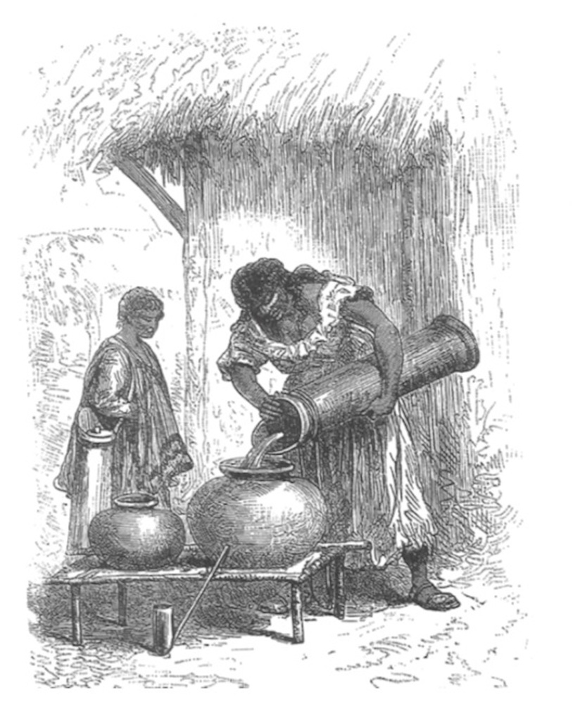 Hora de comida para los bogas del Magdalena. Edwark Mark. Dibujo S. XIX.