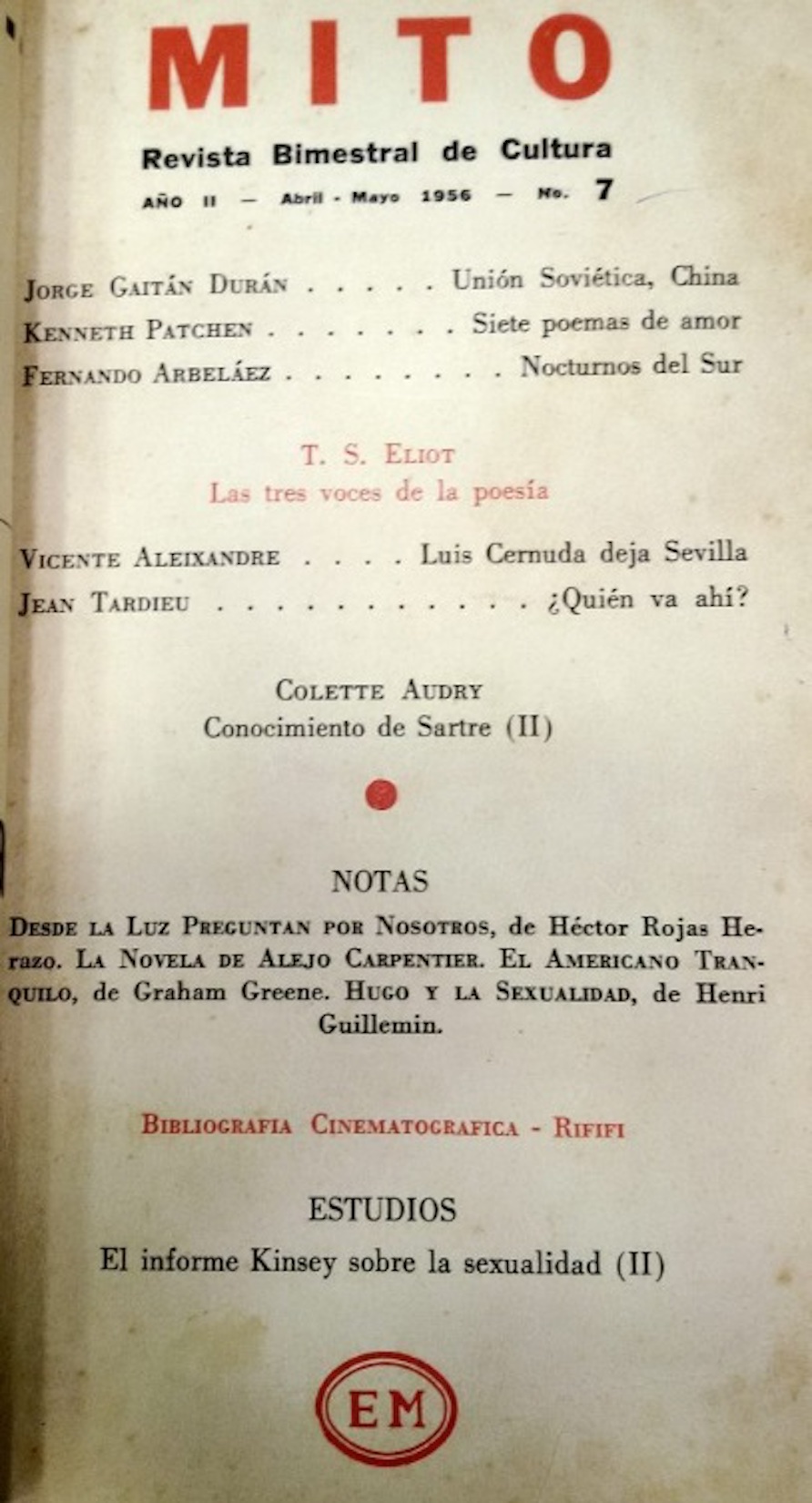 Revista Mito, año 2, abril-mayo 1956, número 7. Colección Biblioteca Luis Ángel Arango. Foto: http://mareaspacifico.univalle.edu.co/un-concepto-nuevo-de-nacion-diario-de-viaje-en-china-1952/