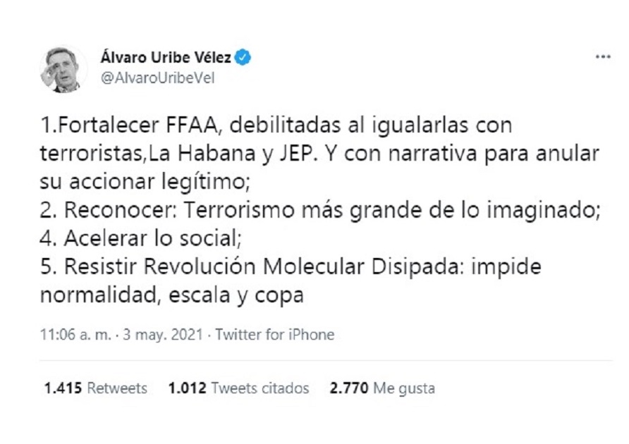 Con este trino, el expresidente y exsenador Álvaro Uribe Vélez confundió a sus seguidores en redes sociales al referirse a la “Revolución Molecular Disipada” como una amenaza para el país en la coyuntura del actual paro nacional. Foto: https://www.opinioncaribe.com/2021/05/04/revolucion-molecular-disipada-sabe-que-significa/