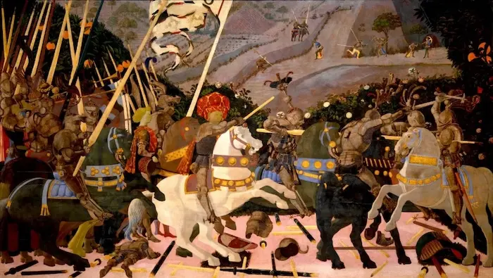 Según el maestro Guillermo Angulo, Botero inspiró su teoría del color de La batalla de San Romano, obra de Paolo Uccello, tríptico de 1438. Foto: historia-arte.com 