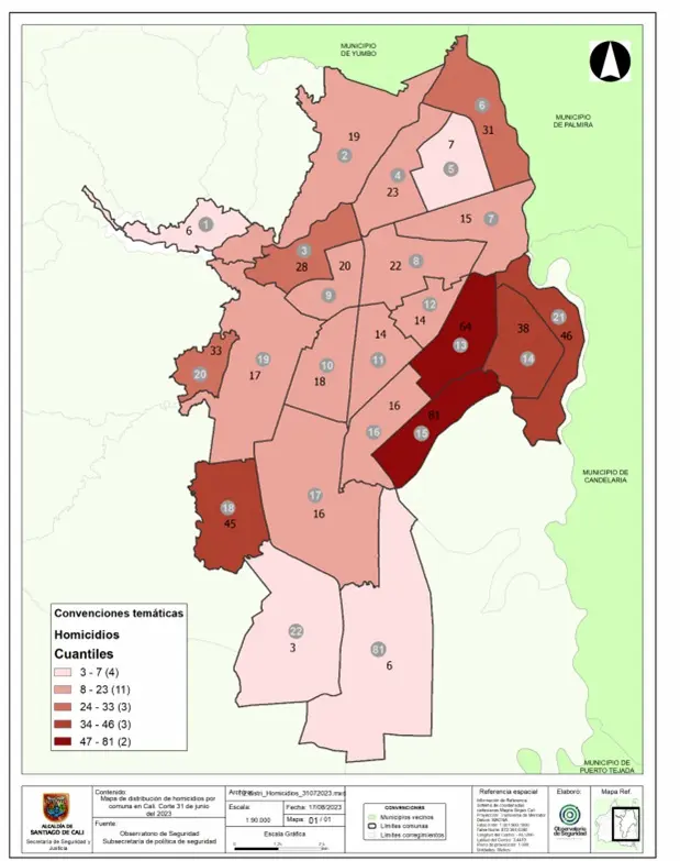 Mapa 1: Homicidios por comuna, periodo enero-julio de 2023. Fuente: Observatorio de Seguridad de la Alcaldía de Cali. Informe de seguridad y convivencia, julio de 2023.