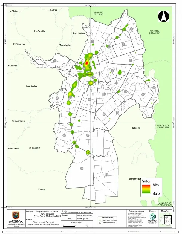 Mapa 2: Mapa de densidad de hurto a celulares en el distrito de Santiago de Cali a julio 31 de 2023. Fuente: Observatorio de Seguridad de la Alcaldía de Cali. Informe de seguridad y convivencia, julio de 2023.