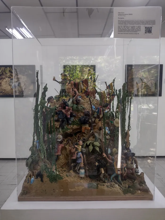 Maqueta que representa la temida “Loma de la Muerte” o “Loma de las Banderas”, uno de los mayores desafíos para las personas refugiadas y migrantes que cruzan la selva del Darién. Foto: Julio César Pino Agudelo.