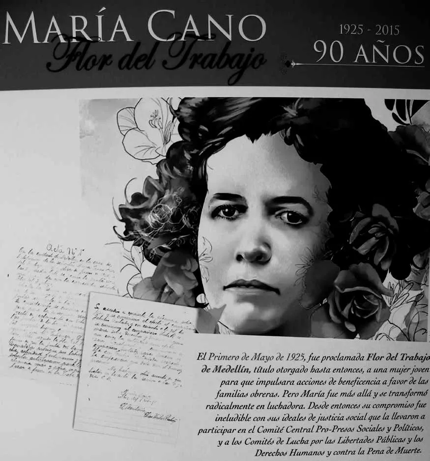 Flyer de la exposición de 2015 “María cano, Flor del trabajo”, homenaje de la Corporación Colectivo LaMaríaCano por sus 90 años de ser elegida Flor del trabajo. La exposición se hizo en Medellín - Foto: bibliotecasmedellin.gov.co